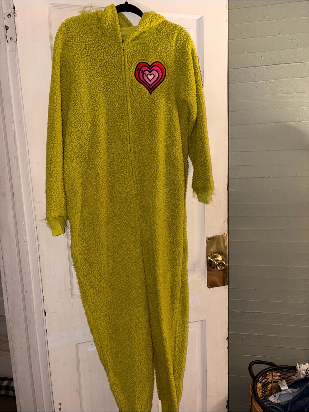 Dr. Seuss Lime Green Hooded Fleece Pajama Onesie with Heart Patch